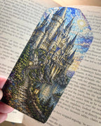 Rivendell stained glass style 3D printed bookmark featuring an Elven fantasy city surrounded by mountains, woodland, flowers and water.