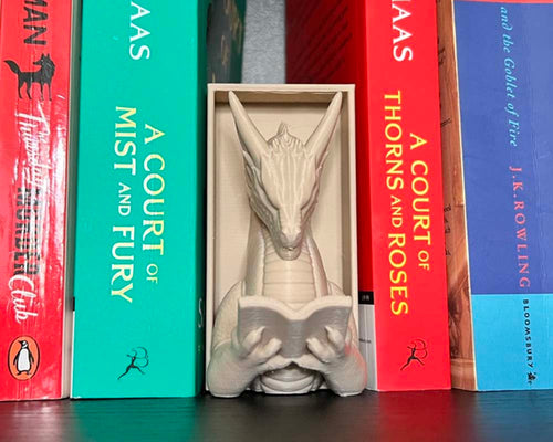 Dragon reading a book nook fantasy bookshelf insert 3D printed whimsical book nook with dragon figure Fantasy dragon book nook gift for readers and collectors Magical bookshelf décor featuring dragon reading Handmade book nook insert with dragon and book