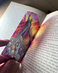 Sauron stained glass style 3D printed bookmark featuring the Dark Lord in spiked armour towering above a fantasy army beneath a fiery sky.