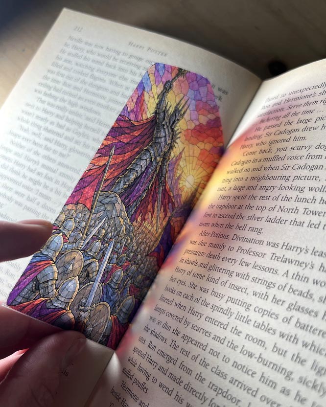 Sauron stained glass style 3D printed bookmark featuring the Dark Lord in spiked armour towering above a fantasy army beneath a fiery sky.