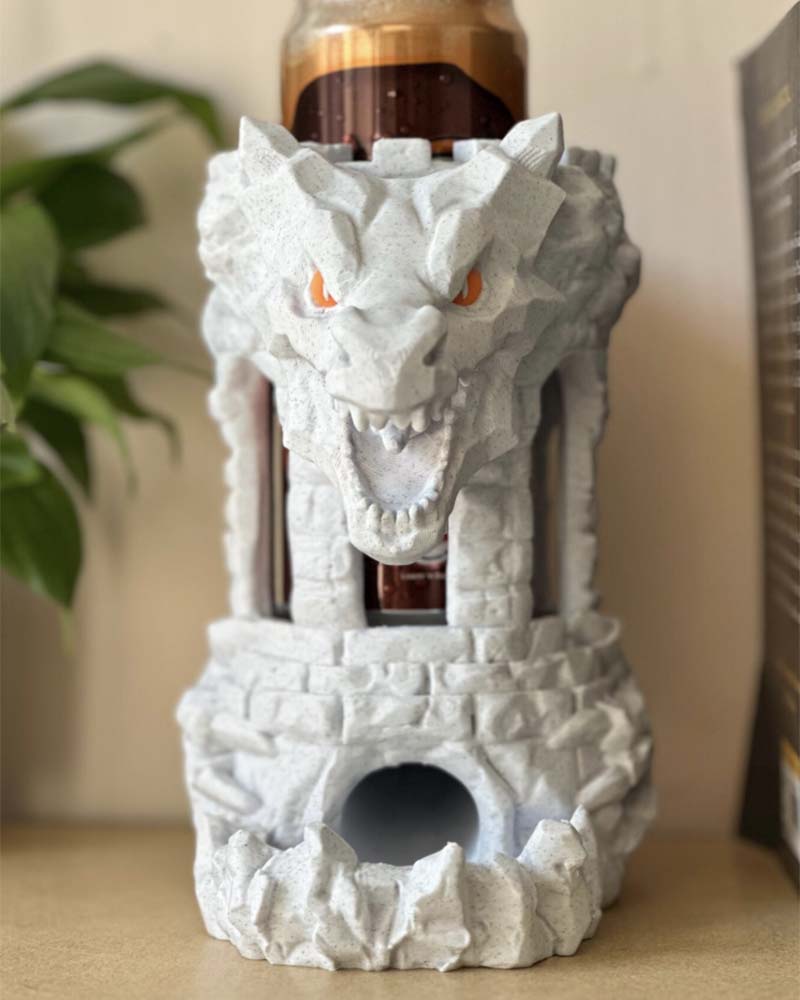 Dragon skull dice tower and drink holder for TTRPG 3D printed dragon skull dice roller with can holder Fantasy dice tower accessory with dragon skull design RPG dice goblin gift – dragon skull dice holder and drink stand Tabletop gaming drink holder with dragon skull detail